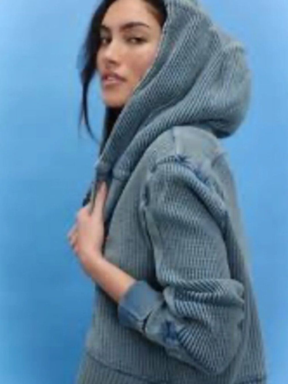NWT Free People FP One Asher Washed Blue Waffle Knit Zip Hoodie Size M
